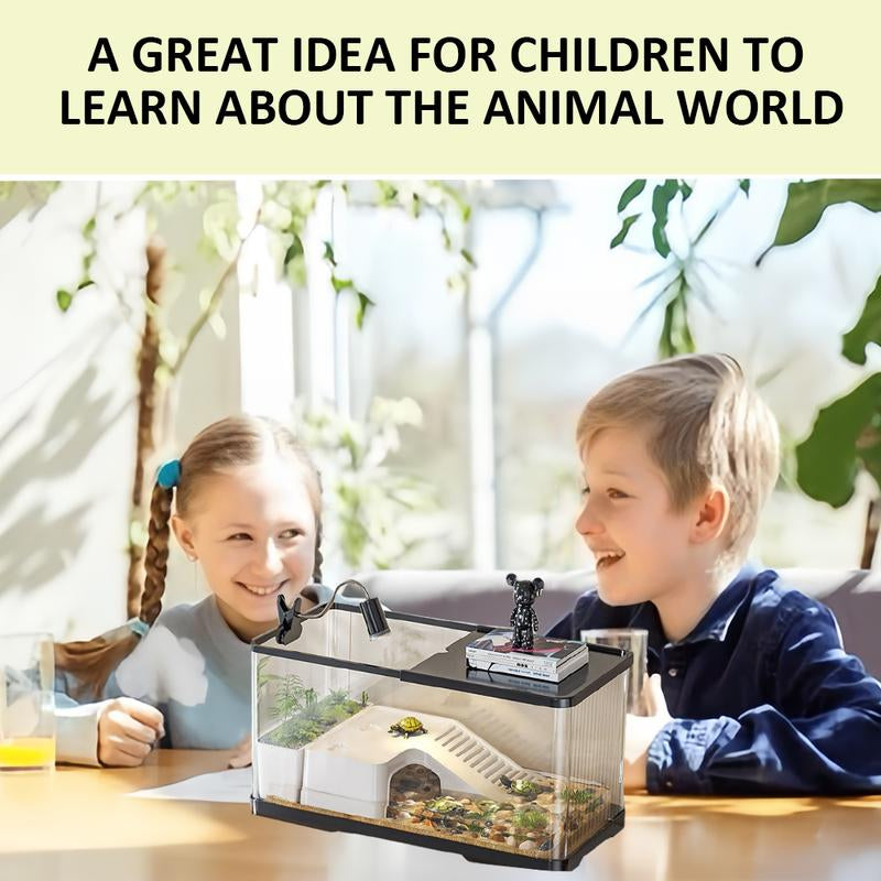 Small Turtle Tank Kit(Tank+Light), Acrylic Turtle Tank Starter Kit with Bask Platform, Bottom Drain, Multi-Function Area for Small Reptiles