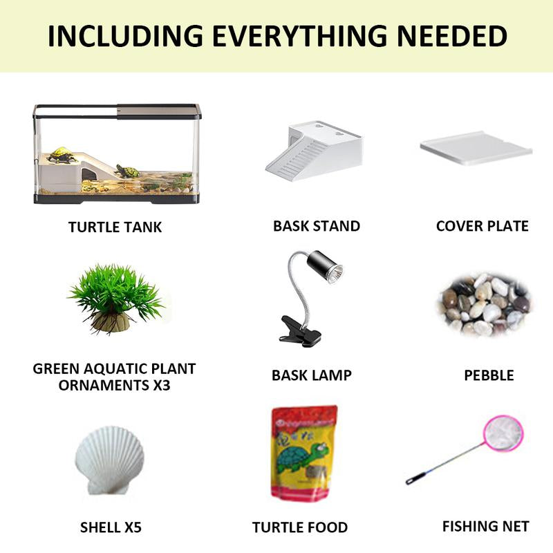 Small Turtle Tank Kit(Tank+Light), Acrylic Turtle Tank Starter Kit with Bask Platform, Bottom Drain, Multi-Function Area for Small Reptiles