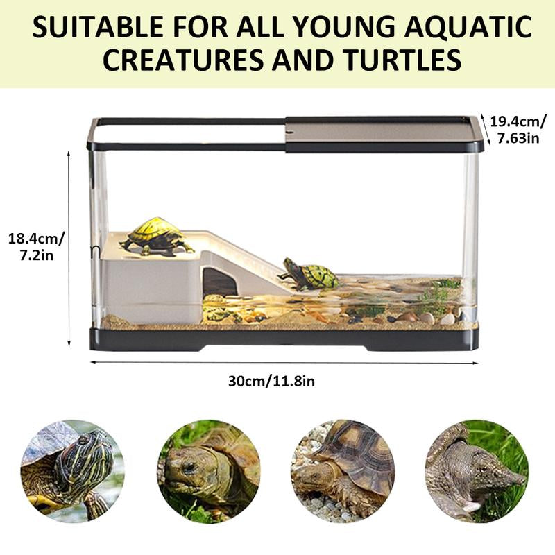 Small Turtle Tank Kit(Tank+Light), Acrylic Turtle Tank Starter Kit with Bask Platform, Bottom Drain, Multi-Function Area for Small Reptiles