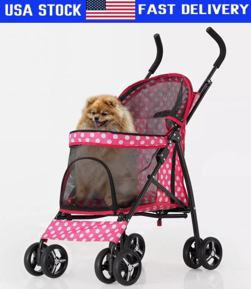 4 Wheels Pet Stroller W/Skylight+Storage Basket Foldable Cat Cage Travel Carrier