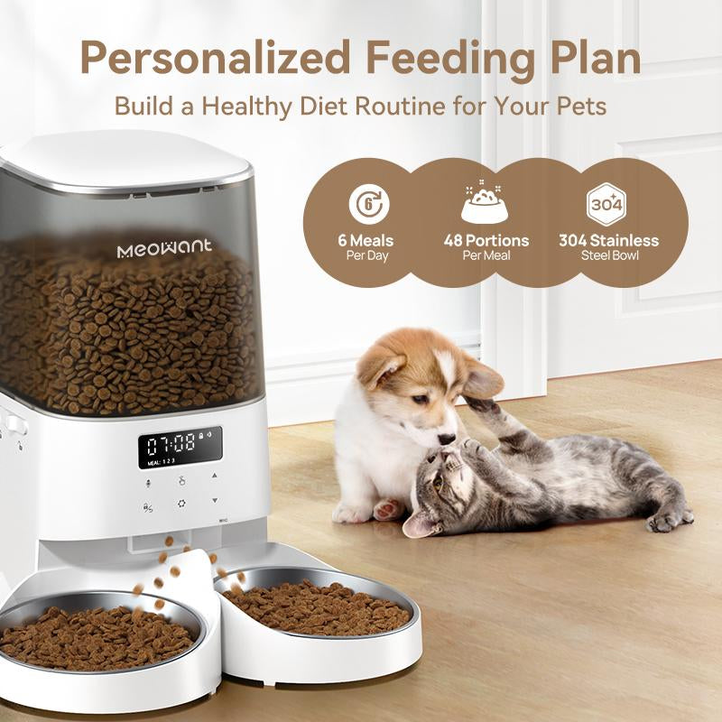 Meowant Automatic Cat Feeder, 5L Dual-Bowl Food Dispenser for Cats and Small Dogs, Timed Feeding with 6 Meals/Day, 48 Portions, and 10S Voice Recorder