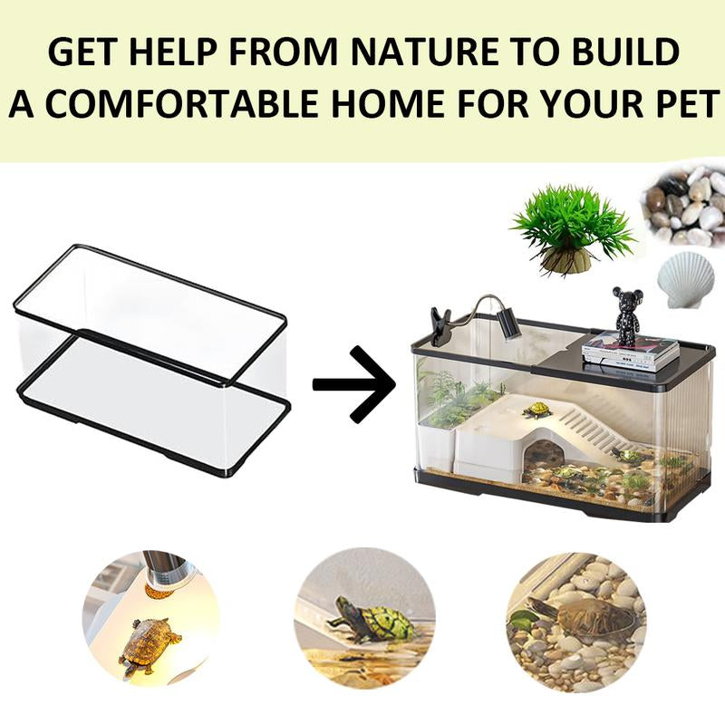 Small Turtle Tank Kit(Tank+Light), Acrylic Turtle Tank Starter Kit with Bask Platform, Bottom Drain, Multi-Function Area for Small Reptiles