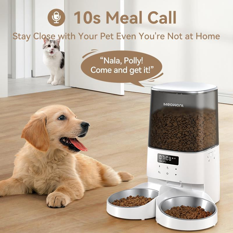 Meowant Automatic Cat Feeder, 5L Dual-Bowl Food Dispenser for Cats and Small Dogs, Timed Feeding with 6 Meals/Day, 48 Portions, and 10S Voice Recorder