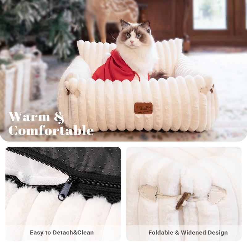 Pet Couch Bed, Orthopedic Fluffy Sofa for Cat and Small Dog, Recliner with Removable Washable Cover, Cute Calming Pet Lounge Suitable for Puppy Kitten for Indoor (Off-White)