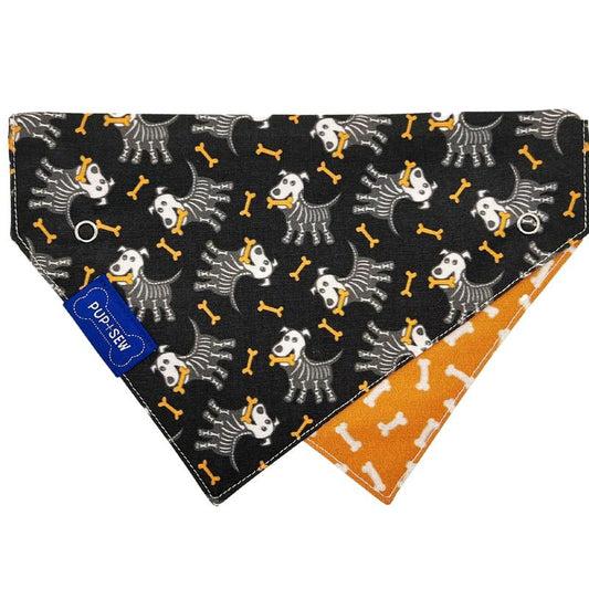 Skeleton Dog Collar Bandana, Reversible and Two-Tone