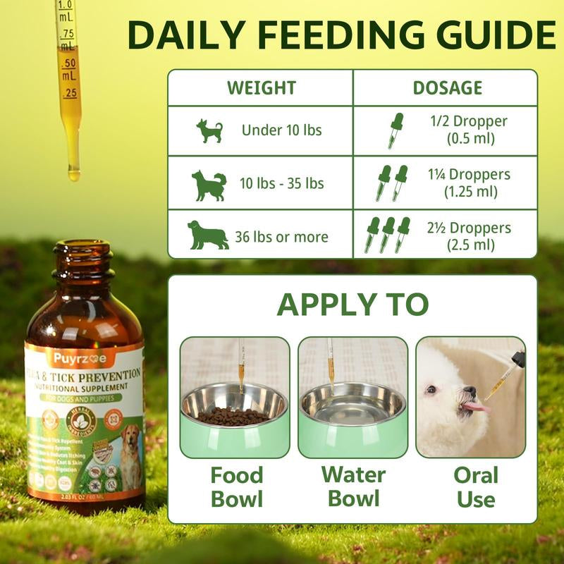 PUYRZOE Flea and Tick Support Drops for Dogs, 60ML Herbal Formula with Pumpkin Seed & Vitamins, Daily Supplement for Skin and Coat Care