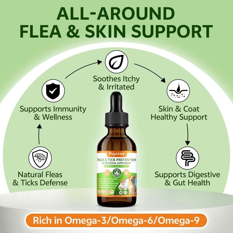 PUYRZOE Flea and Tick Support Drops for Dogs, 60ML Herbal Formula with Pumpkin Seed & Vitamins, Daily Supplement for Skin and Coat Care