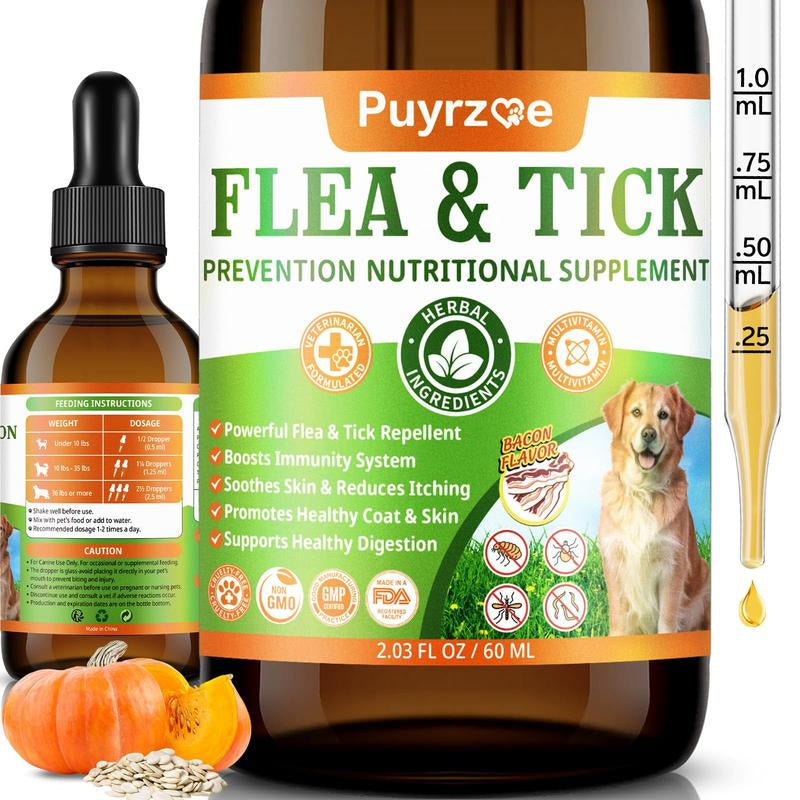 PUYRZOE Flea and Tick Support Drops for Dogs, 60ML Herbal Formula with Pumpkin Seed & Vitamins, Daily Supplement for Skin and Coat Care