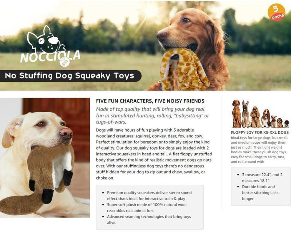 5 PCS Crinkle Dog Squeaky Toys with Double Layer Reinforced Fabric, Durable Plush Dog Toys, No Stuffing Body Dog Toy Set for Small to Large Dogs