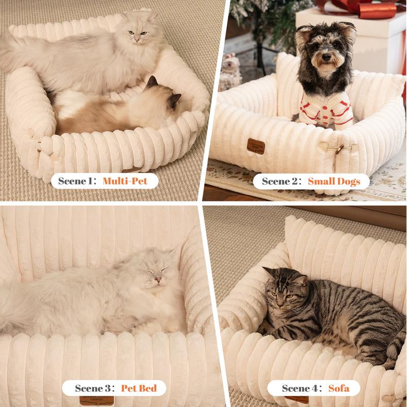 Pet Couch Bed, Orthopedic Fluffy Sofa for Cat and Small Dog, Recliner with Removable Washable Cover, Cute Calming Pet Lounge Suitable for Puppy Kitten for Indoor (Off-White)