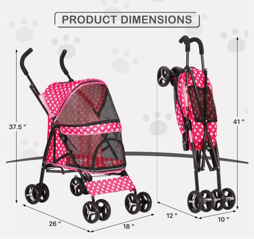 4 Wheels Pet Stroller W/Skylight+Storage Basket Foldable Cat Cage Travel Carrier