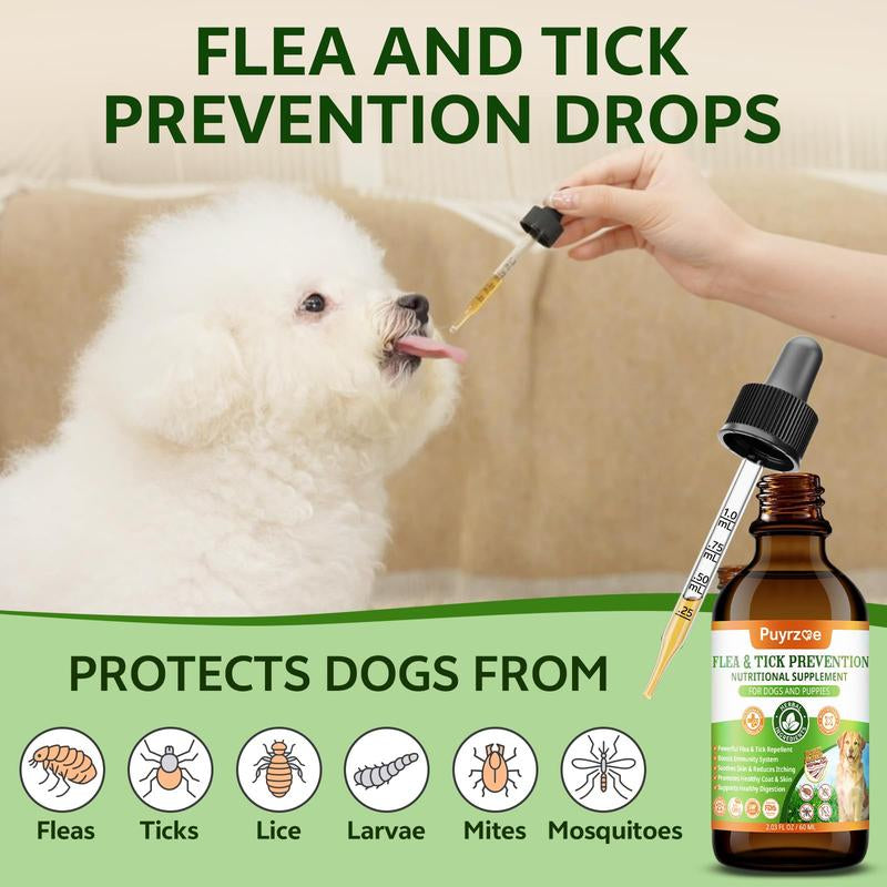 PUYRZOE Flea and Tick Support Drops for Dogs, 60ML Herbal Formula with Pumpkin Seed & Vitamins, Daily Supplement for Skin and Coat Care