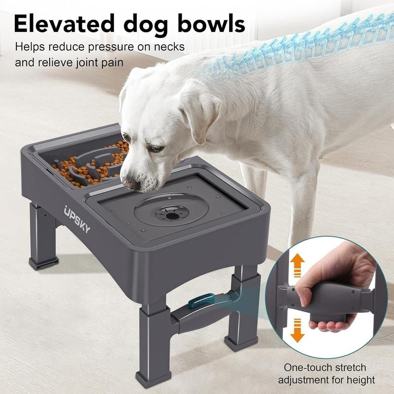 2025 NEW 2-In-1 Elevated Dog Bowls Slow Feeder, 4 Height Adjustable Raised Dog Bowl Stand No Spill Dog Water Bowl Dispenser, Anti-Slip Dog Food and Water Bowl for Small Medium Dogs