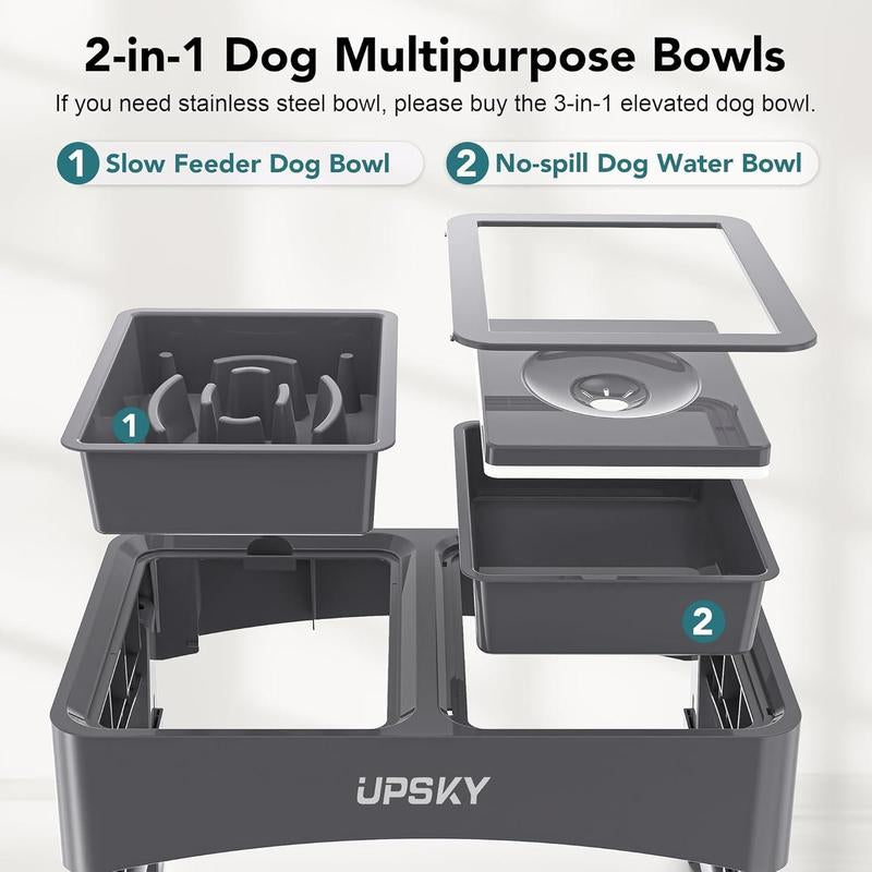 2025 NEW 2-In-1 Elevated Dog Bowls Slow Feeder, 4 Height Adjustable Raised Dog Bowl Stand No Spill Dog Water Bowl Dispenser, Anti-Slip Dog Food and Water Bowl for Small Medium Dogs