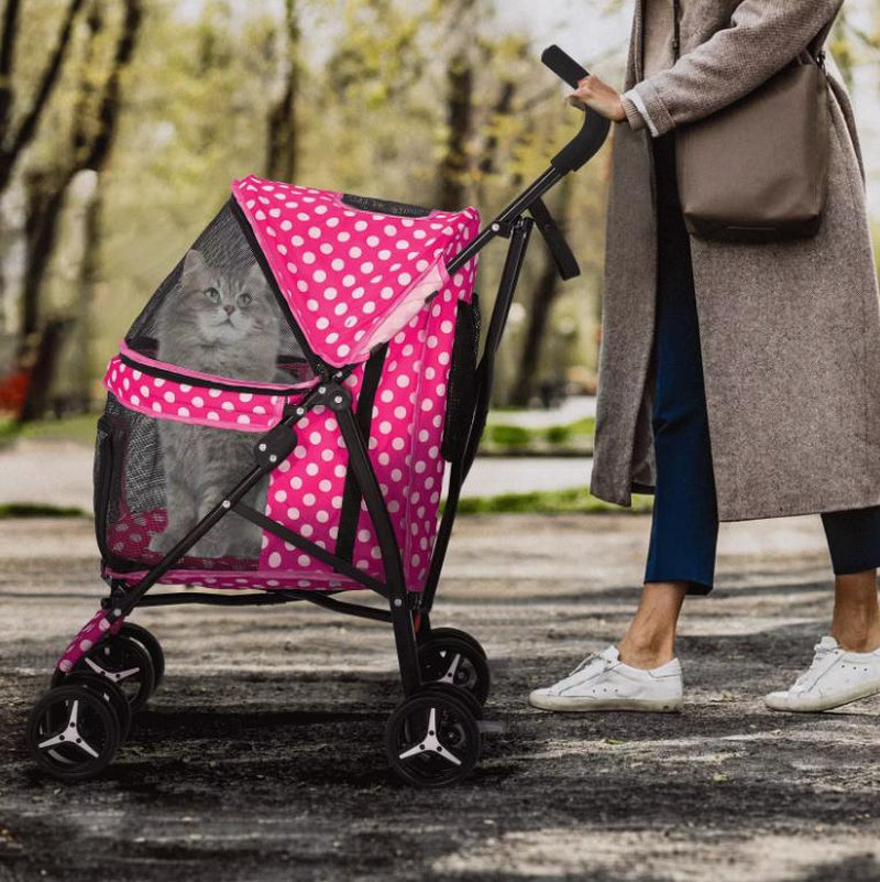 4 Wheels Pet Stroller W/Skylight+Storage Basket Foldable Cat Cage Travel Carrier