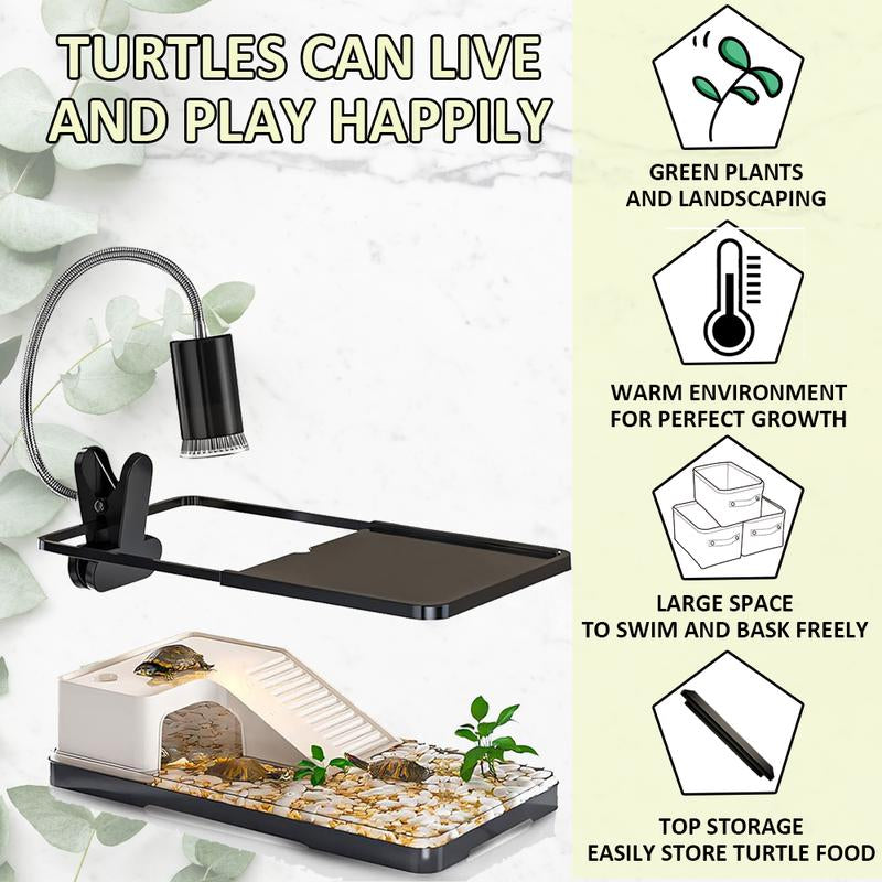 Small Turtle Tank Kit(Tank+Light), Acrylic Turtle Tank Starter Kit with Bask Platform, Bottom Drain, Multi-Function Area for Small Reptiles