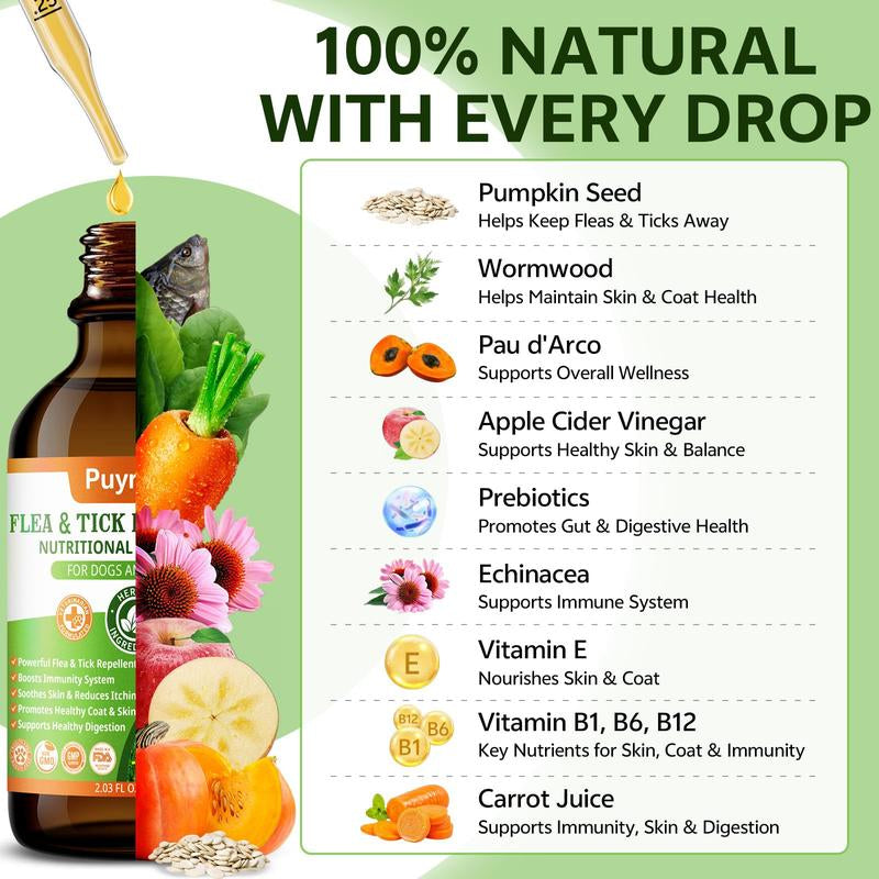 PUYRZOE Flea and Tick Support Drops for Dogs, 60ML Herbal Formula with Pumpkin Seed & Vitamins, Daily Supplement for Skin and Coat Care