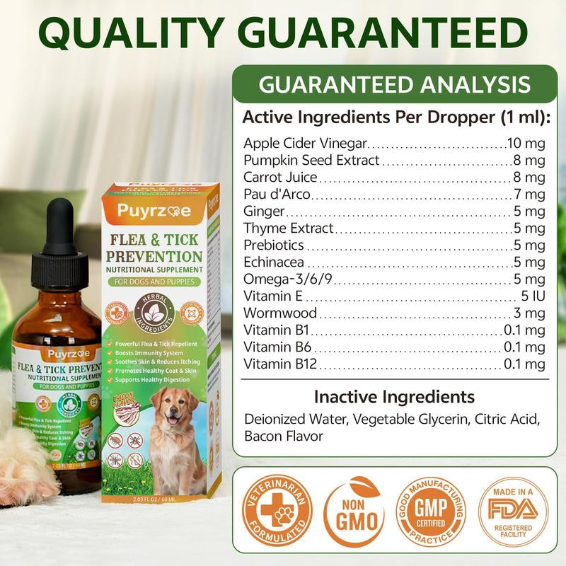 PUYRZOE Flea and Tick Support Drops for Dogs, 60ML Herbal Formula with Pumpkin Seed & Vitamins, Daily Supplement for Skin and Coat Care