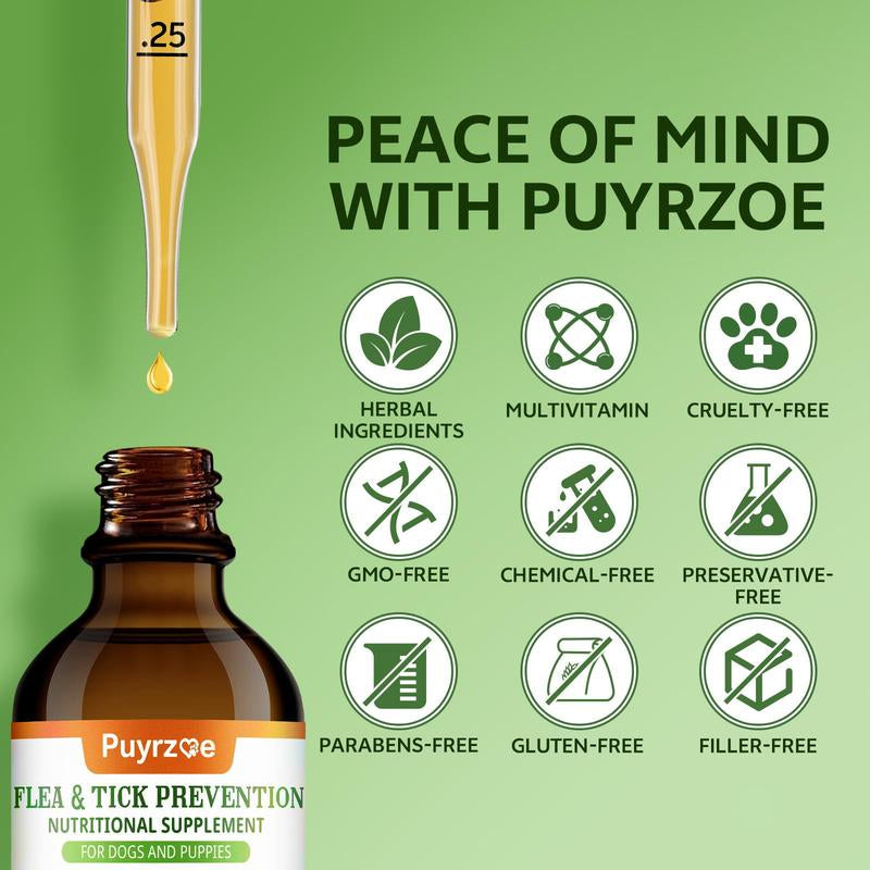 PUYRZOE Flea and Tick Support Drops for Dogs, 60ML Herbal Formula with Pumpkin Seed & Vitamins, Daily Supplement for Skin and Coat Care