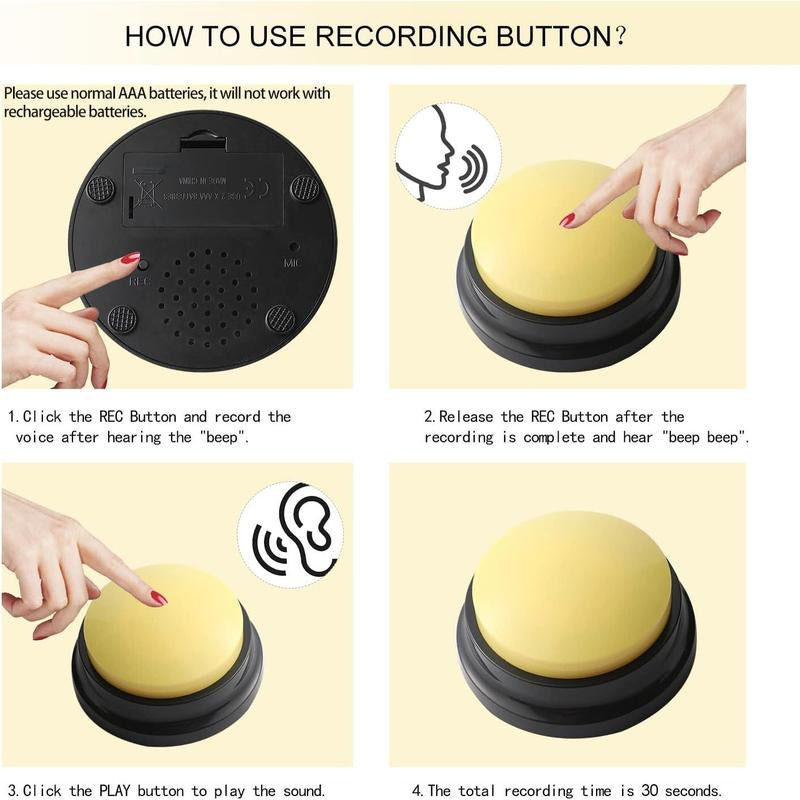 Voice Recording Button, Buttons for Communication Pet Buzzer, 30 Second Record & Playback, Funny for Study Office Home 4 Packs (Rose Red + Dark Blue + Green + Orange)
