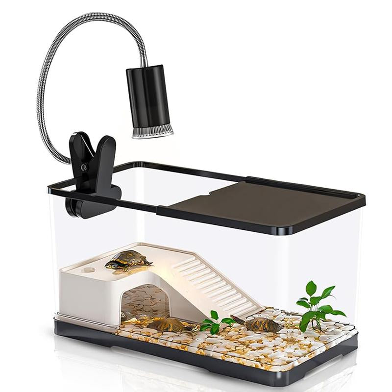 Small Turtle Tank Kit(Tank+Light), Acrylic Turtle Tank Starter Kit with Bask Platform, Bottom Drain, Multi-Function Area for Small Reptiles