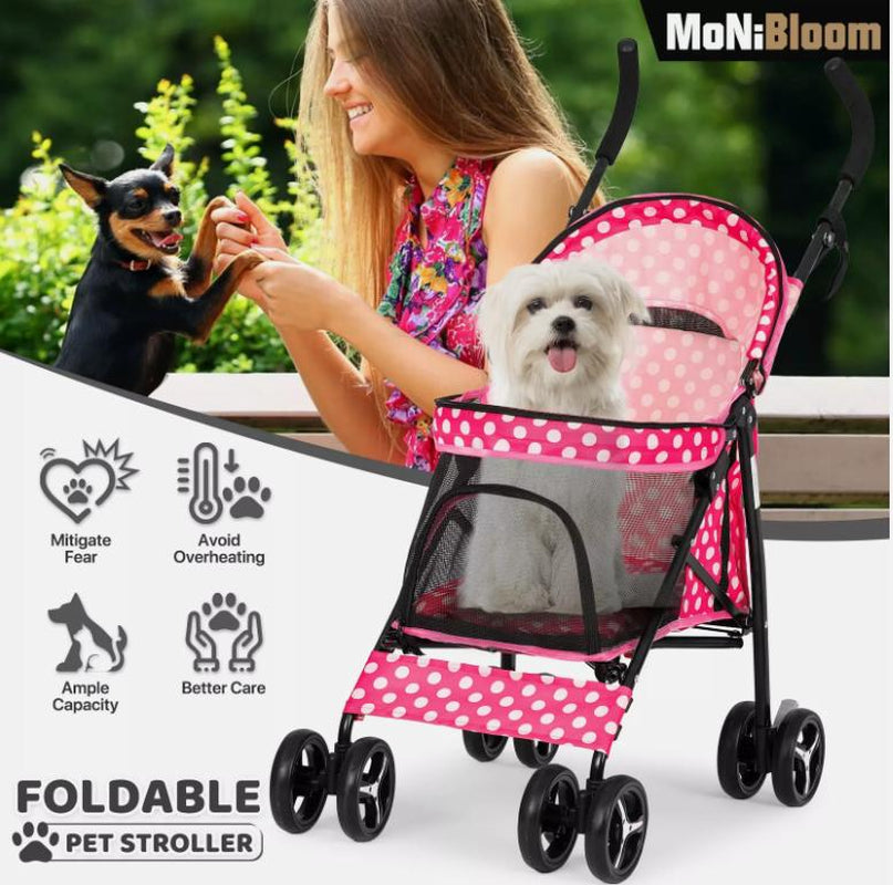 4 Wheels Pet Stroller W/Skylight+Storage Basket Foldable Cat Cage Travel Carrier