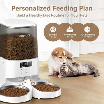 Meowant Automatic Cat Feeder, 5L Dual-Bowl Food Dispenser for Cats and Small Dogs, Timed Feeding with 6 Meals/Day, 48 Portions, and 10S Voice Recorder