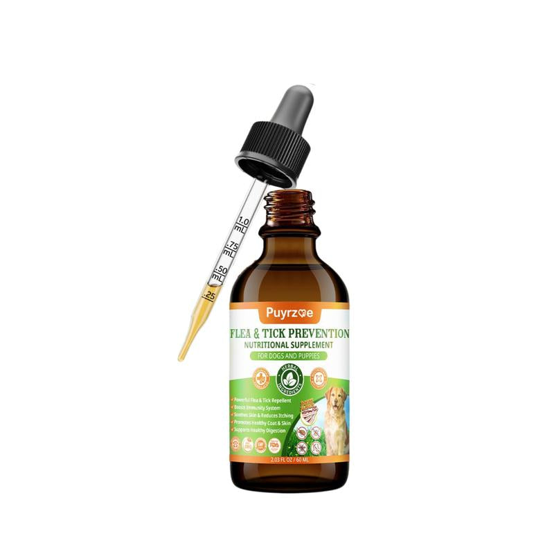 PUYRZOE Flea and Tick Support Drops for Dogs, 60ML Herbal Formula with Pumpkin Seed & Vitamins, Daily Supplement for Skin and Coat Care