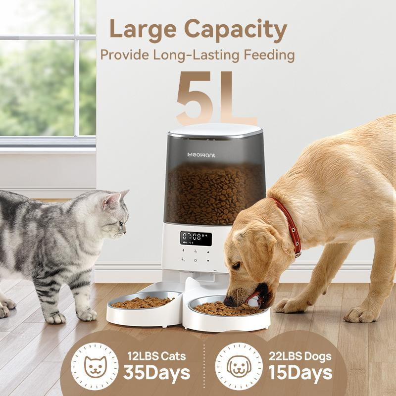 Meowant Automatic Cat Feeder, 5L Dual-Bowl Food Dispenser for Cats and Small Dogs, Timed Feeding with 6 Meals/Day, 48 Portions, and 10S Voice Recorder