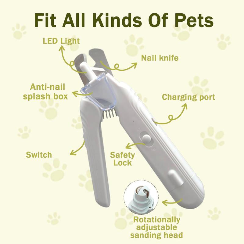 2-In-1 Cat Nail Clipper & Trimmer - USB Rechargeable with LED Light & Safety Guard, Professional Grooming Tool for Cats，Whtie