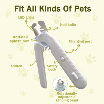 2-In-1 Cat Nail Clipper & Trimmer - USB Rechargeable with LED Light & Safety Guard, Professional Grooming Tool for Cats，Whtie