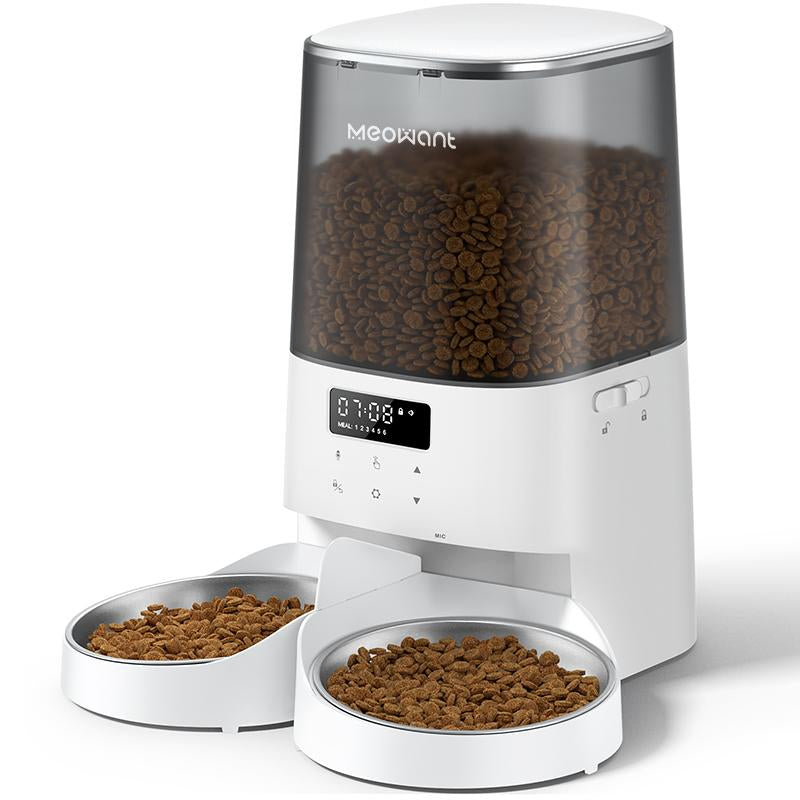 Meowant Automatic Cat Feeder, 5L Dual-Bowl Food Dispenser for Cats and Small Dogs, Timed Feeding with 6 Meals/Day, 48 Portions, and 10S Voice Recorder