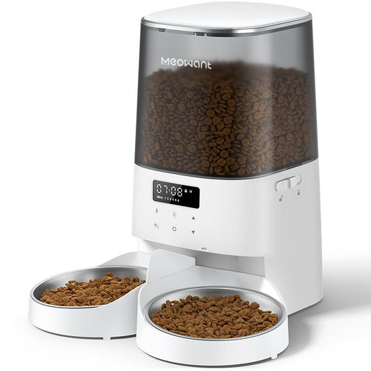 Meowant Automatic Cat Feeder, 5L Dual-Bowl Food Dispenser for Cats and Small Dogs, Timed Feeding with 6 Meals/Day, 48 Portions, and 10S Voice Recorder