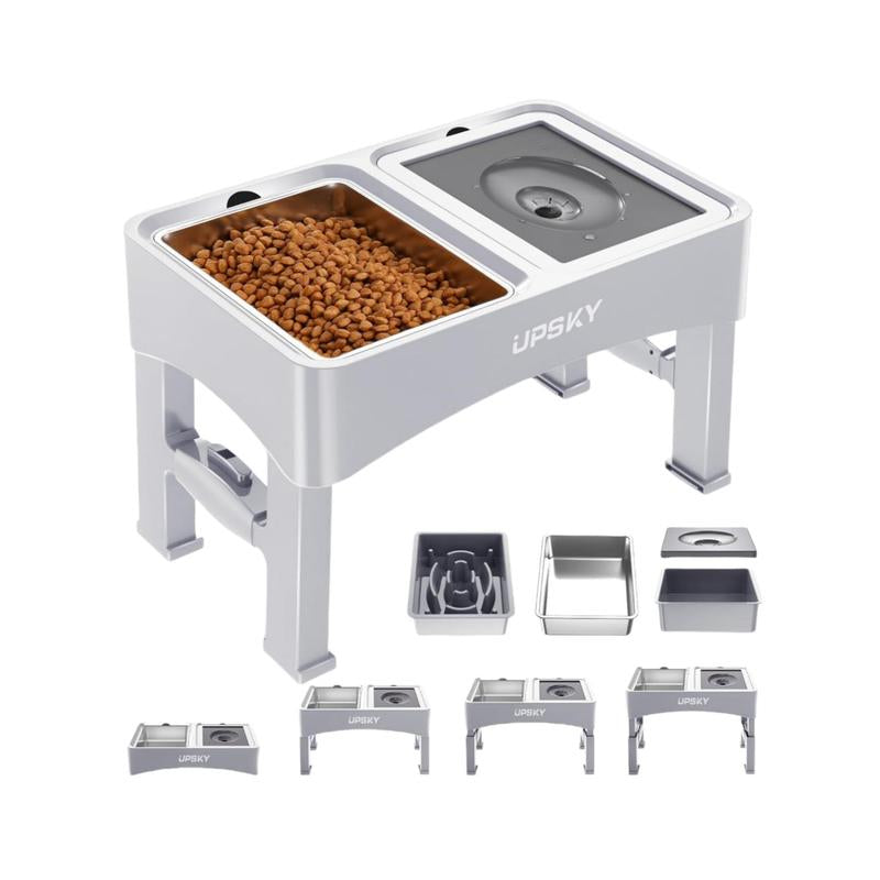 2025 NEW 2-In-1 Elevated Dog Bowls Slow Feeder, 4 Height Adjustable Raised Dog Bowl Stand No Spill Dog Water Bowl Dispenser, Anti-Slip Dog Food and Water Bowl for Small Medium Dogs